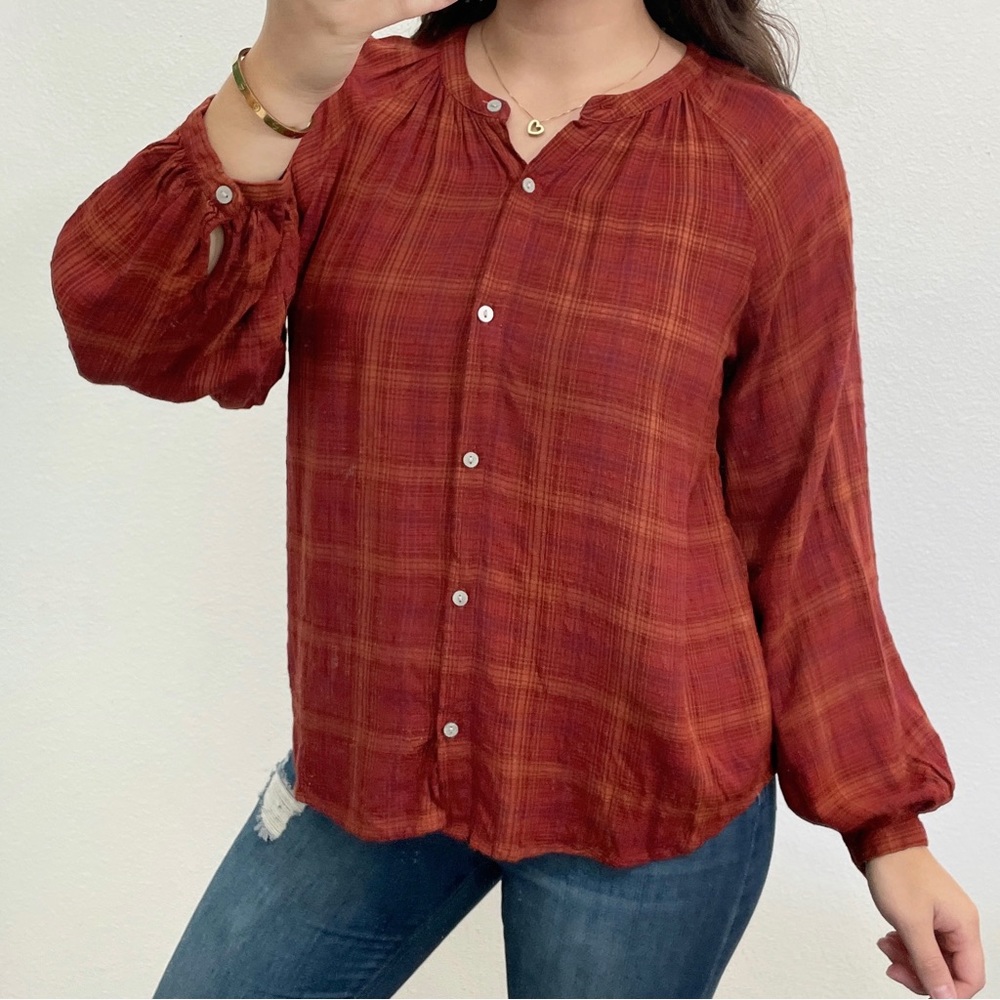 Orange red and purple plaid button down blouse